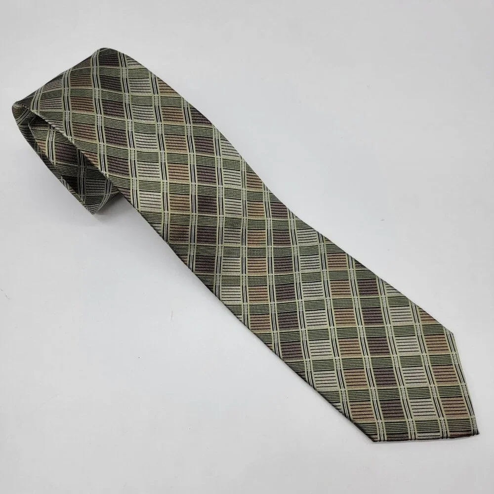 Pronto Uomo 100% Silk Men’s‎ Necktie Browns Greens Tan Geometric Tie Formal NWT